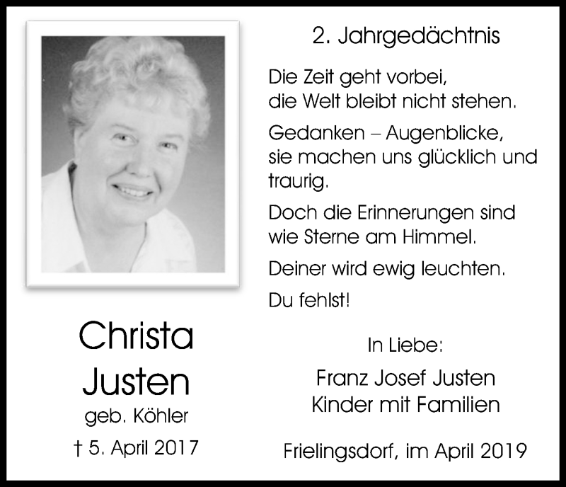  Traueranzeige für Christa Justen vom 06.04.2019 aus Kölner Stadt-Anzeiger / Kölnische Rundschau / Express