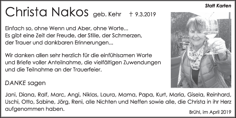  Traueranzeige für Christa Nakos vom 17.04.2019 aus  Schlossbote/Werbekurier 