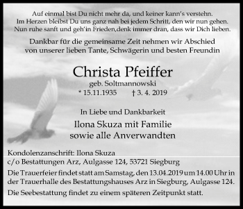 Anzeige von Christa Pfeiffer von Kölner Stadt-Anzeiger / Kölnische Rundschau / Express