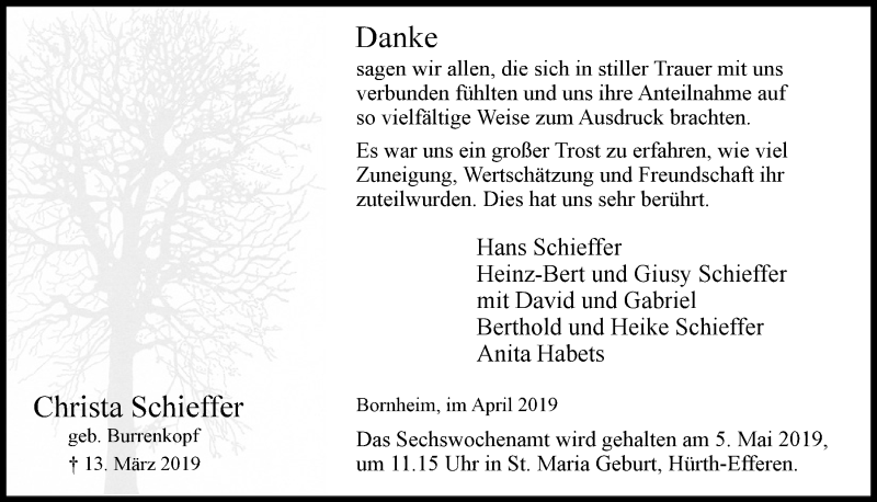  Traueranzeige für Christa Schieffer vom 24.04.2019 aus  Schlossbote/Werbekurier 