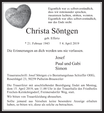 Anzeige von Christa Söntgen von  Wochenende 