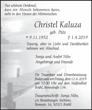 Anzeige von Christel Kaluza von  Schlossbote/Werbekurier 