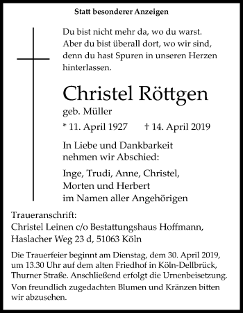 Anzeige von Christel Röttgen von Kölner Stadt-Anzeiger / Kölnische Rundschau / Express