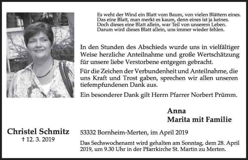  Traueranzeige für Christel Schmitz vom 17.04.2019 aus  Schlossbote/Werbekurier 