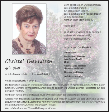 Anzeige von Christel Theunissen von Kölner Stadt-Anzeiger / Kölnische Rundschau / Express