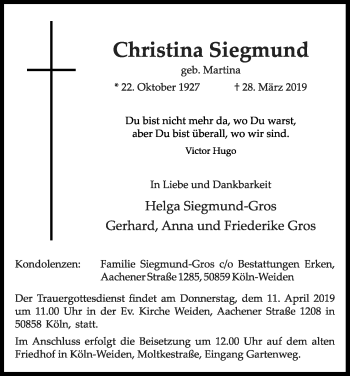 Anzeige von Christina Siegmund von Kölner Stadt-Anzeiger / Kölnische Rundschau / Express