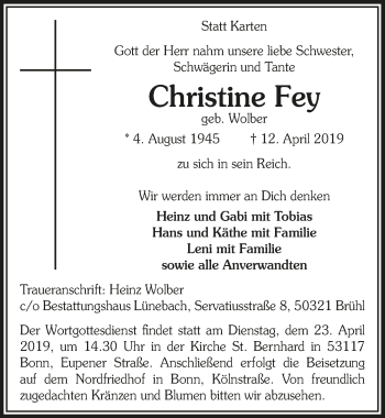 Anzeige von Christine Fey von  Schaufenster/Blickpunkt am Wochenende 