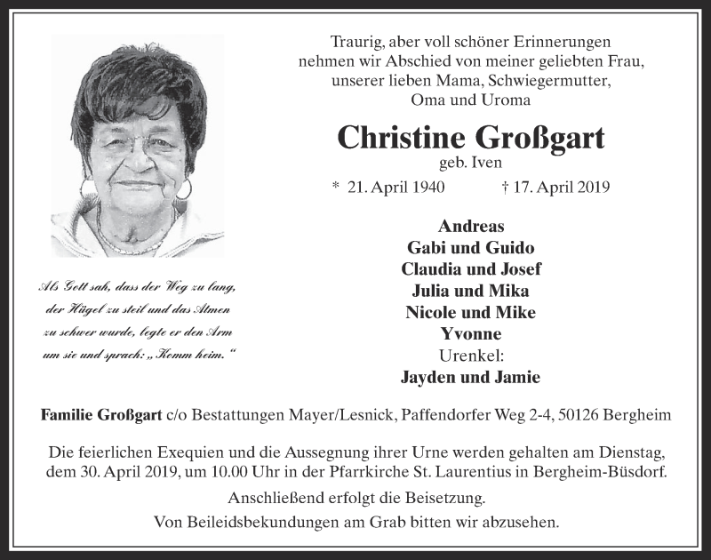  Traueranzeige für Christine Großgart vom 24.04.2019 aus  Werbepost 