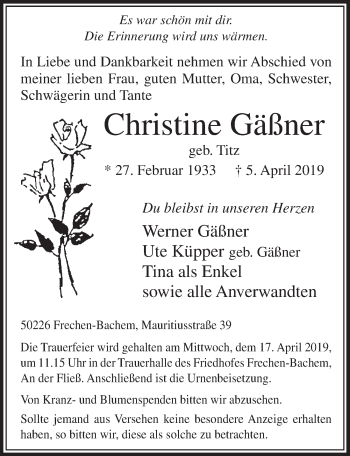 Anzeige von Christine Gäßner von  Sonntags-Post 