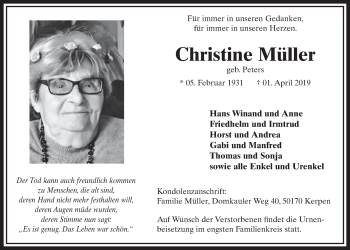 Anzeige von Christine Müller von  Sonntags-Post 