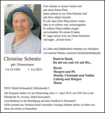 Anzeige von Christine Schmitz von  Schaufenster/Blickpunkt  Schlossbote/Werbekurier 