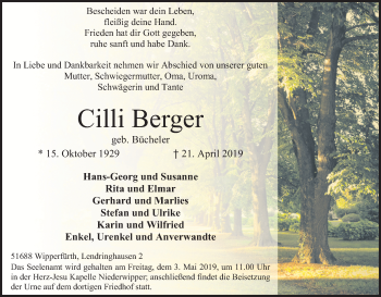 Anzeige von Cilli Berger von Kölner Stadt-Anzeiger / Kölnische Rundschau / Express