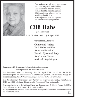 Anzeige von Cilli Hahs 