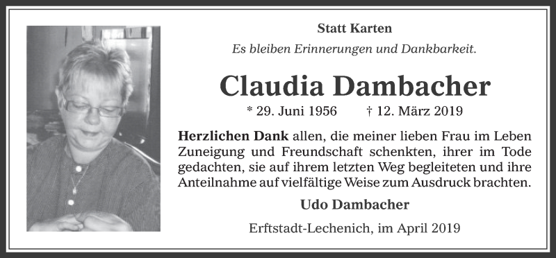  Traueranzeige für Claudia Dambacher vom 03.04.2019 aus  Werbepost 
