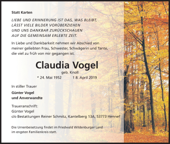 Anzeige von Claudia Vogel von Kölner Stadt-Anzeiger / Kölnische Rundschau / Express