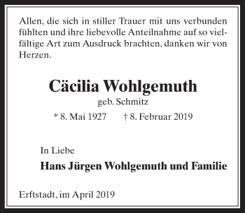 Anzeige von Cäcilia Wohlgemuth von  Werbepost 