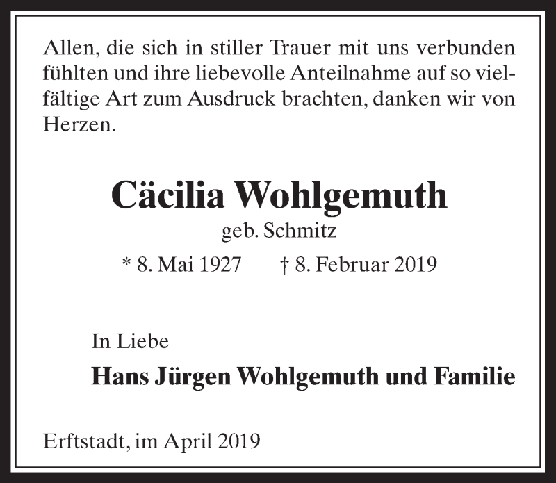  Traueranzeige für Cäcilia Wohlgemuth vom 17.04.2019 aus  Werbepost 