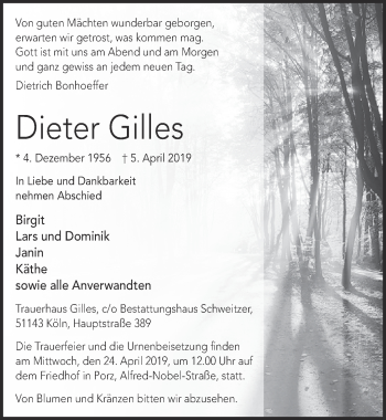 Anzeige von Dieter Gilles von  Kölner Wochenspiegel 