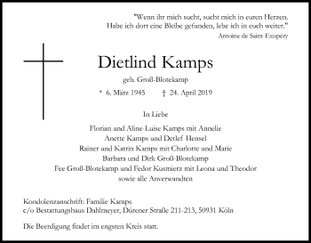 Anzeige von Dietlind Kamps von Kölner Stadt-Anzeiger / Kölnische Rundschau / Express