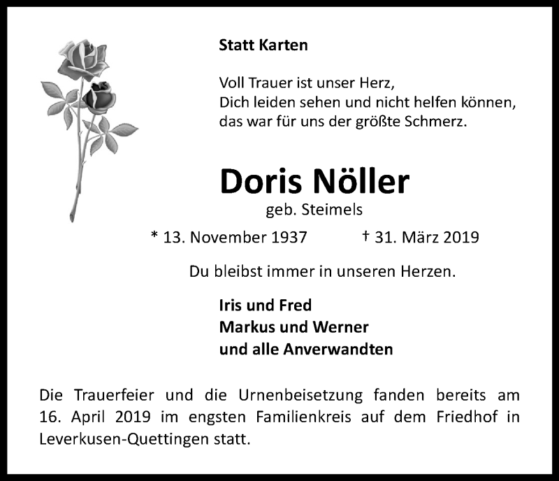  Traueranzeige für Doris Nöller vom 18.04.2019 aus Kölner Stadt-Anzeiger / Kölnische Rundschau / Express