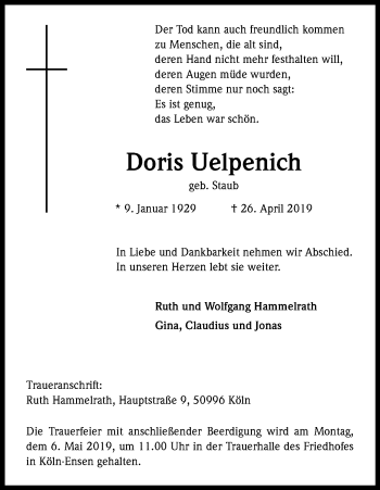 Anzeige von Doris Uelpenich von Kölner Stadt-Anzeiger / Kölnische Rundschau / Express