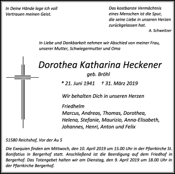 Anzeige von Dorothea Katharina Heckener von Kölner Stadt-Anzeiger / Kölnische Rundschau / Express