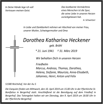 Anzeige von Dorothea Katharina Heckener von  Anzeigen Echo  Lokalanzeiger 