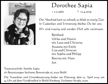 Anzeige von Dorothee Sapia von Kölner Stadt-Anzeiger / Kölnische Rundschau / Express