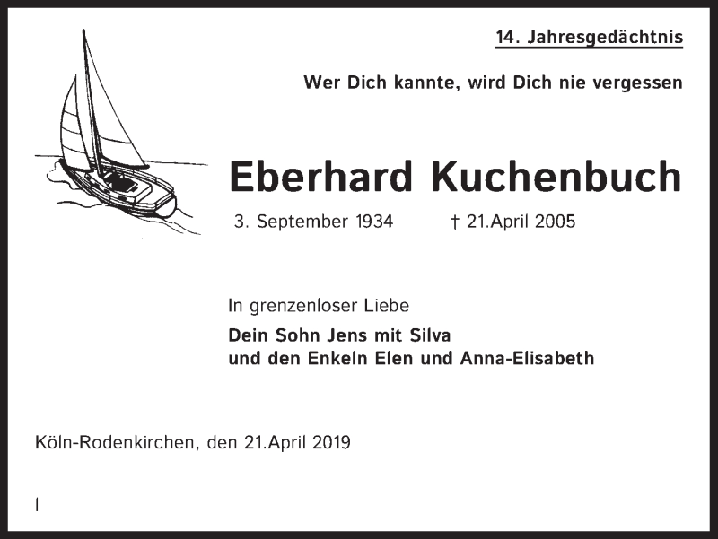  Traueranzeige für Eberhard Kuchenbuch vom 20.04.2019 aus Kölner Stadt-Anzeiger / Kölnische Rundschau / Express