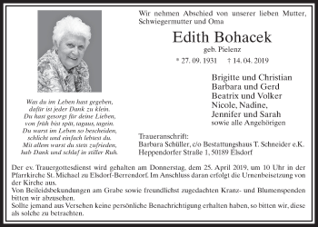 Anzeige von Edith Bohacek von  Sonntags-Post 