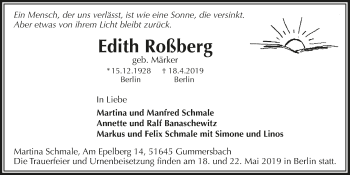 Anzeige von Edith Roßberg von  Anzeigen Echo 