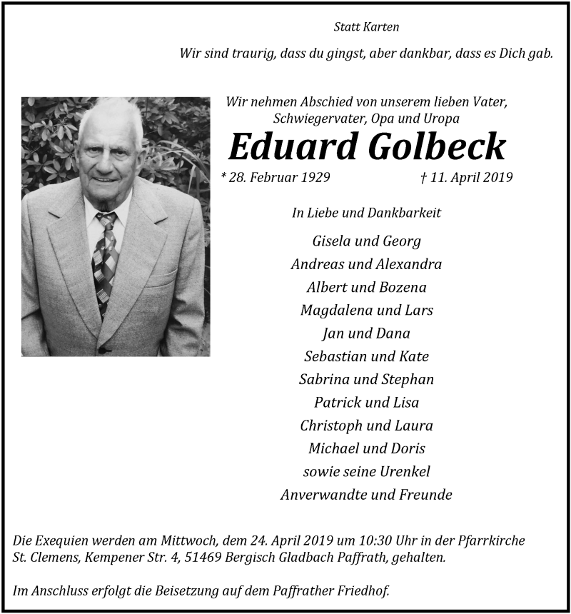  Traueranzeige für Eduard Golbeck vom 20.04.2019 aus  Bergisches Sonntagsblatt 