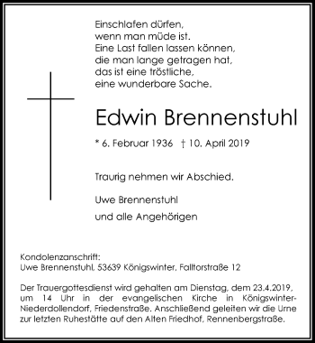 Anzeige von Edwin Brennenstuhl von  Extra Blatt 
