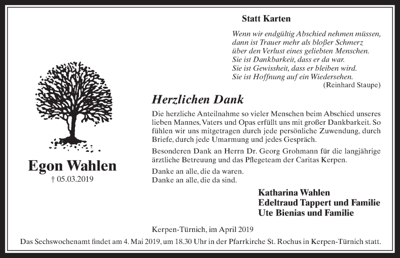  Traueranzeige für Egon Wahlen vom 24.04.2019 aus  Werbepost 