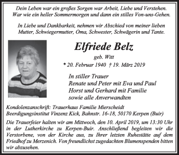 Anzeige von Elfriede Belz von  Sonntags-Post 