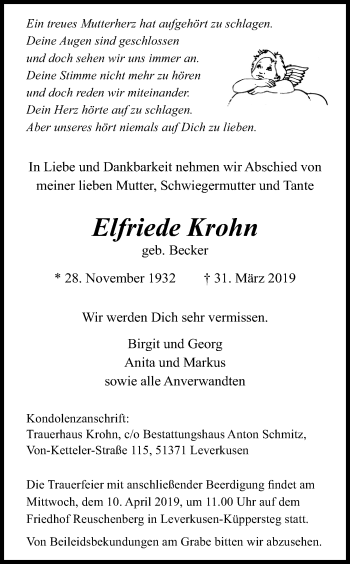Anzeige von Elfriede Krohn von Kölner Stadt-Anzeiger / Kölnische Rundschau / Express