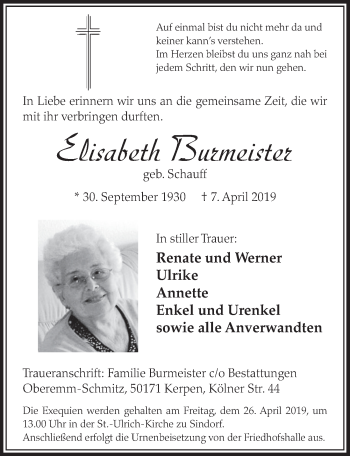 Anzeige von Elisabeth Burmeister von  Sonntags-Post 