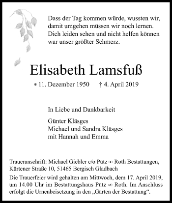 Anzeige von Elisabeth Lamsfuß von Kölner Stadt-Anzeiger / Kölnische Rundschau / Express