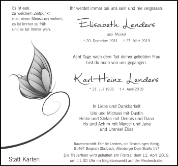 Anzeige von Elisabeth Lenders von  Bergisches Sonntagsblatt 