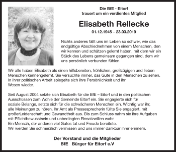 Anzeige von Elisabeth Rellecke von  Rhein-Sieg-Wochenende 