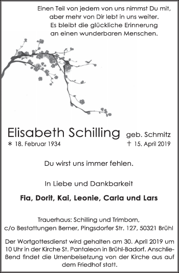 Anzeige von Elisabeth Schilling von  Schlossbote/Werbekurier 