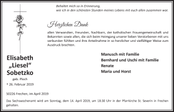Anzeige von Elisabeth Sobetzko von  Sonntags-Post 