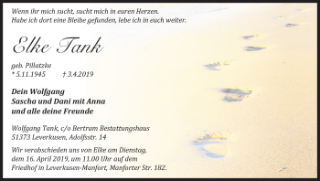 Anzeige von Elke Tank von Kölner Stadt-Anzeiger / Kölnische Rundschau / Express