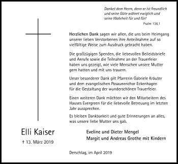 Anzeige von Elli Kaiser von Kölner Stadt-Anzeiger / Kölnische Rundschau / Express