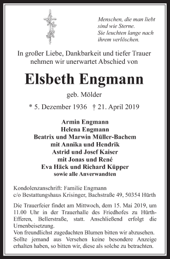 Anzeige von Elsbeth Engmann von  Wochenende 