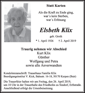 Anzeige von Elsbeth Klix von  Sonntags-Post 