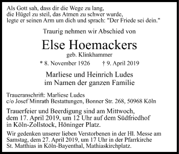 Anzeige von Else Hoemackers von Kölner Stadt-Anzeiger / Kölnische Rundschau / Express