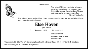 Anzeige von Else Hoven von Kölner Stadt-Anzeiger / Kölnische Rundschau / Express