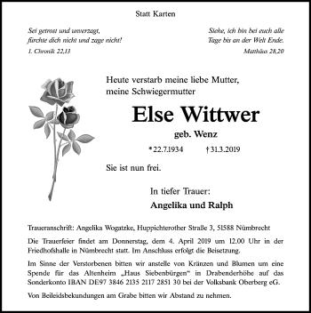 Anzeige von Else Wittwer von Kölner Stadt-Anzeiger / Kölnische Rundschau / Express