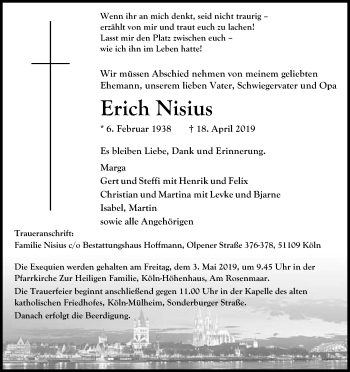 Anzeige von Erich Nisius von Kölner Stadt-Anzeiger / Kölnische Rundschau / Express